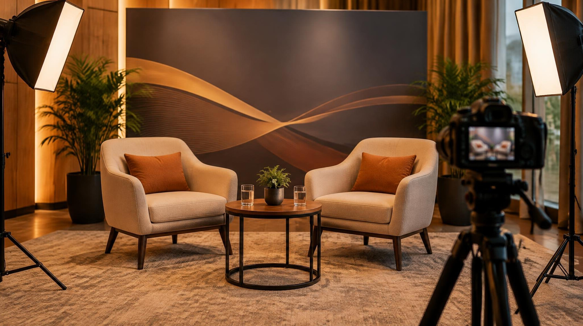 Interview set with cameras and professional lighting