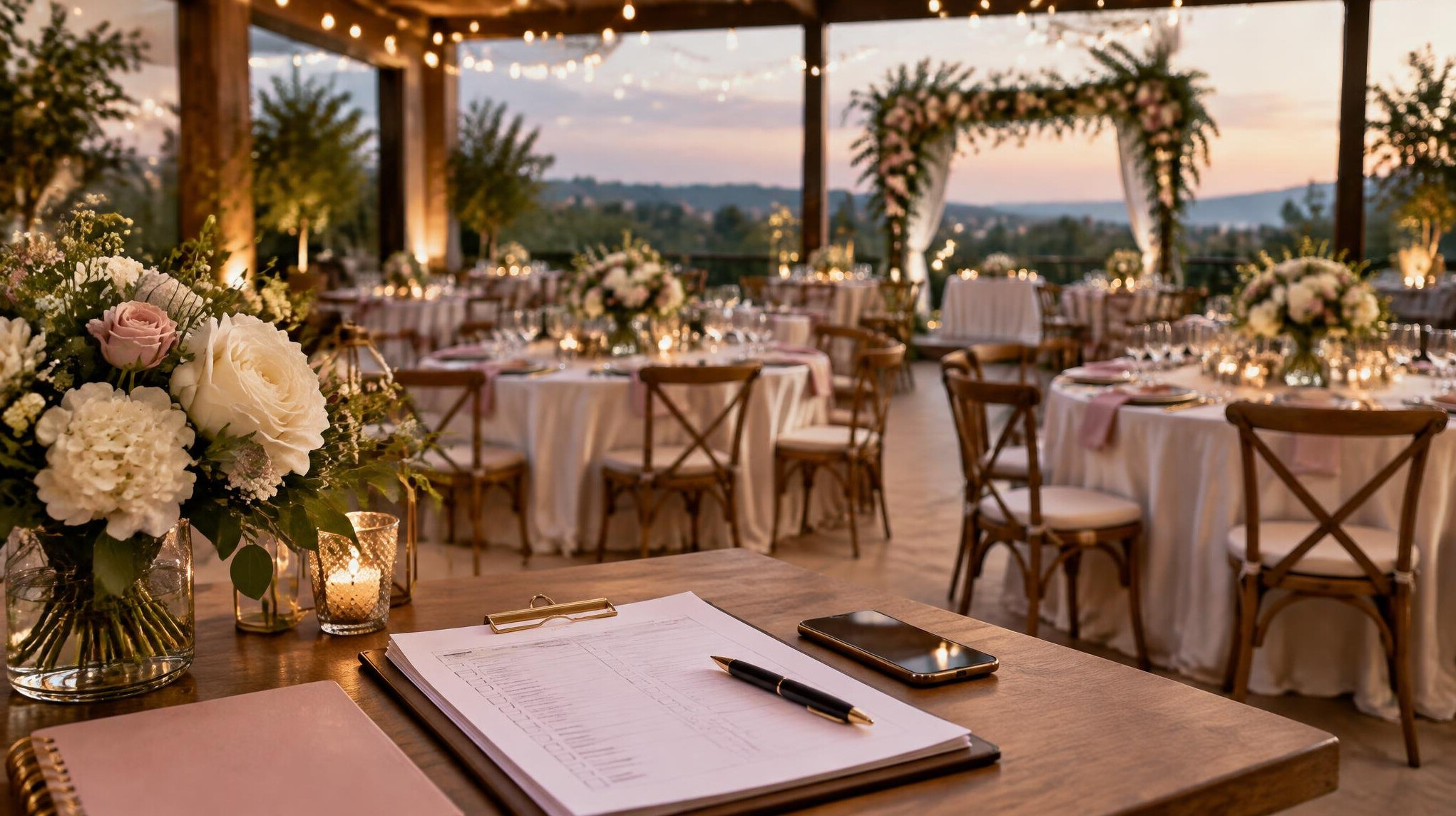 Elegantly decorated event venue with tables and warm lights